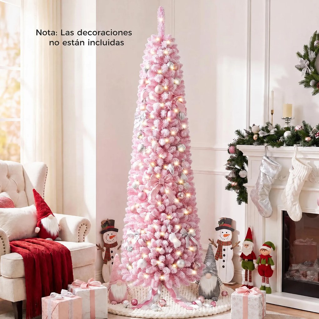 Árvore de Natal Artificial Tipo Lápis, 50 x 50 x 210 cm, Iluminação LED Integrada, Rosa