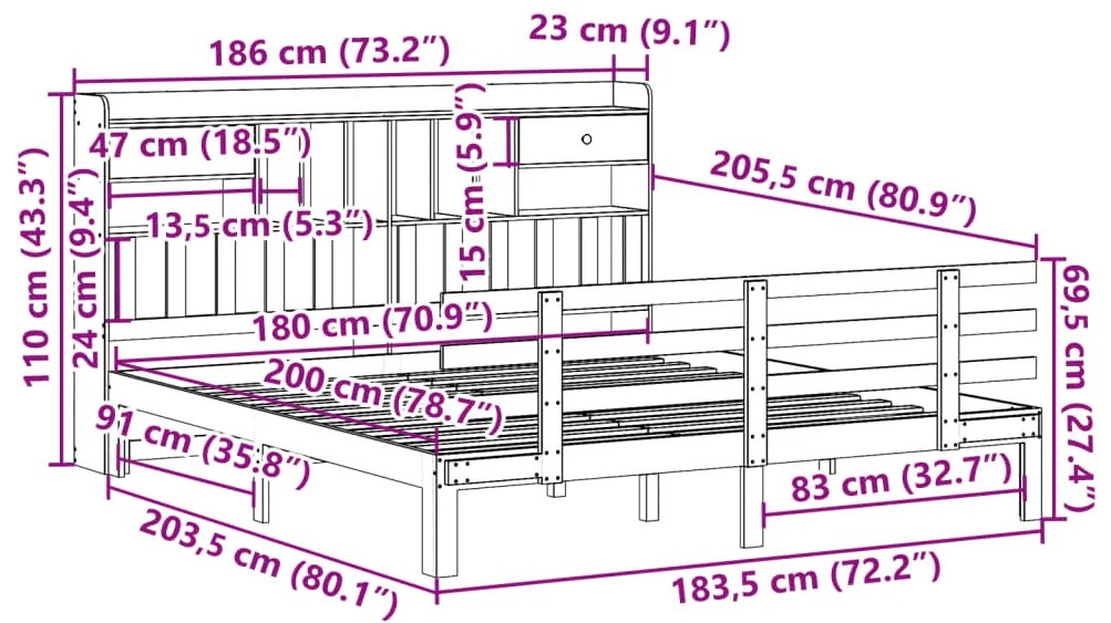 Cama com estante sem colchão 180x200 cm pinho maciço branco