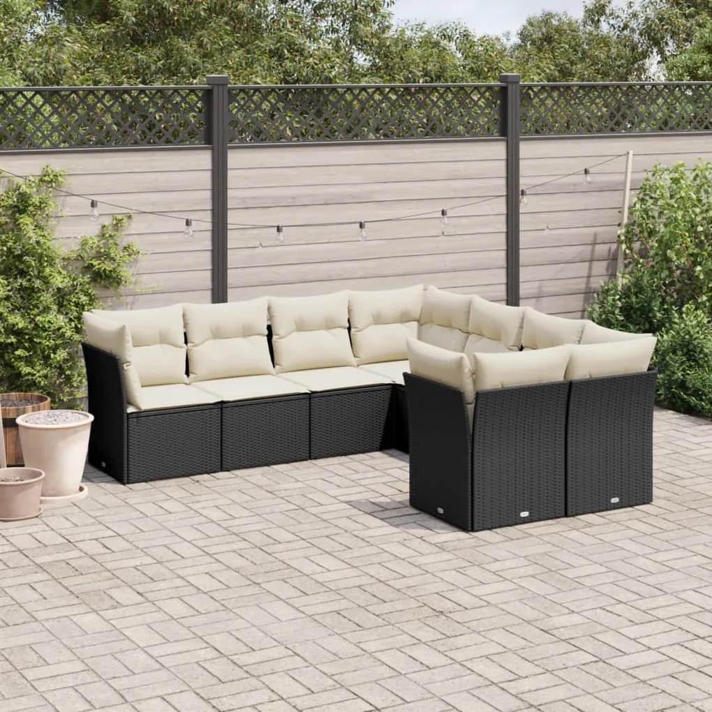 8 pcs conjunto sofás de jardim com almofadões vime PE preto