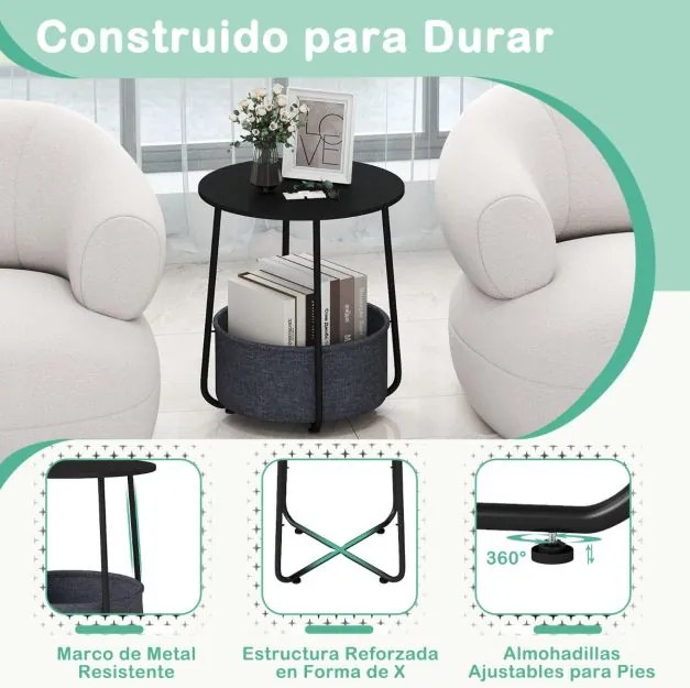 Mesa apoio, Mesa de cabeceira redonda 45 x 45 x 50,5 cm de 2 níveis com cesto de armazenamento em tecido pequena moderna Preta