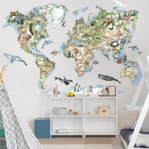 Mapa-mundo na parede com 150 animais - autocolante reposicionável