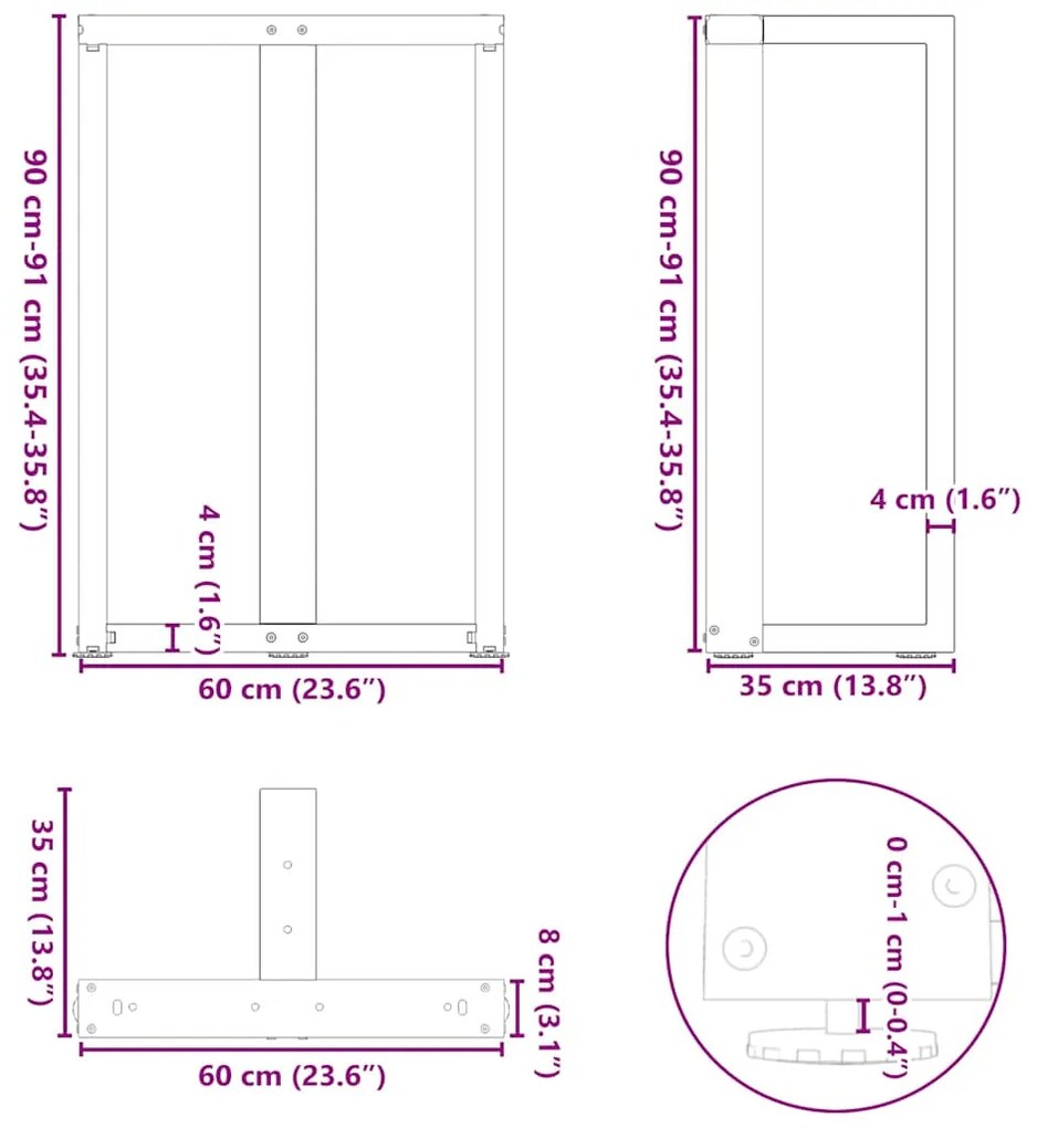 Pés de mesa de bar em forma de T, 2 peças, preto, 60x35x(90-91) cm, aç