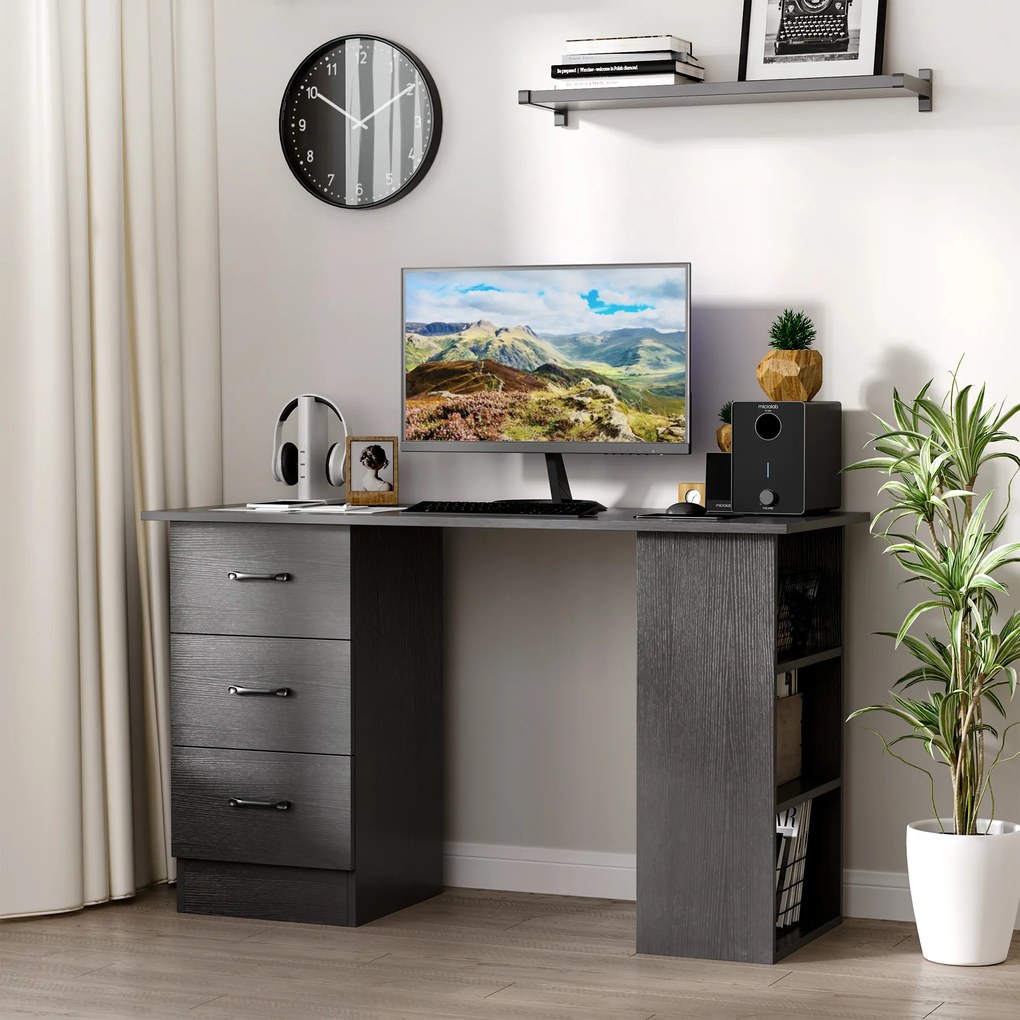 Secretária para computador com 3 gavetas e 3 prateleiras abertas, 120 x 49 x 72 cm, secretária com arrumação reversível, estilo moderno, secretária pa