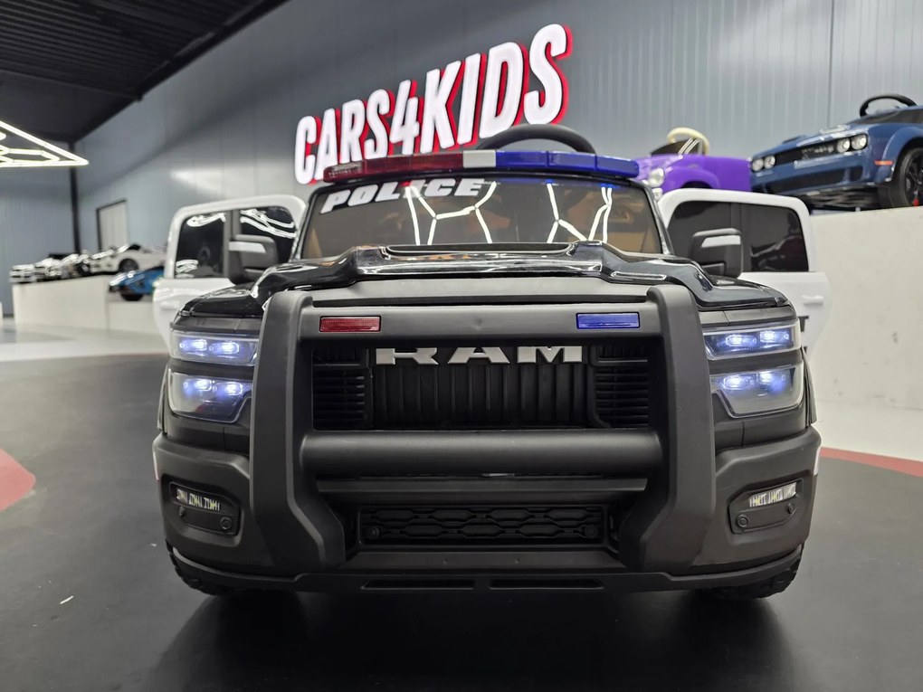 Carro Infantil bateria 12V Dodge RAM Policia, Pneus Borracha, Assento de couro Preto