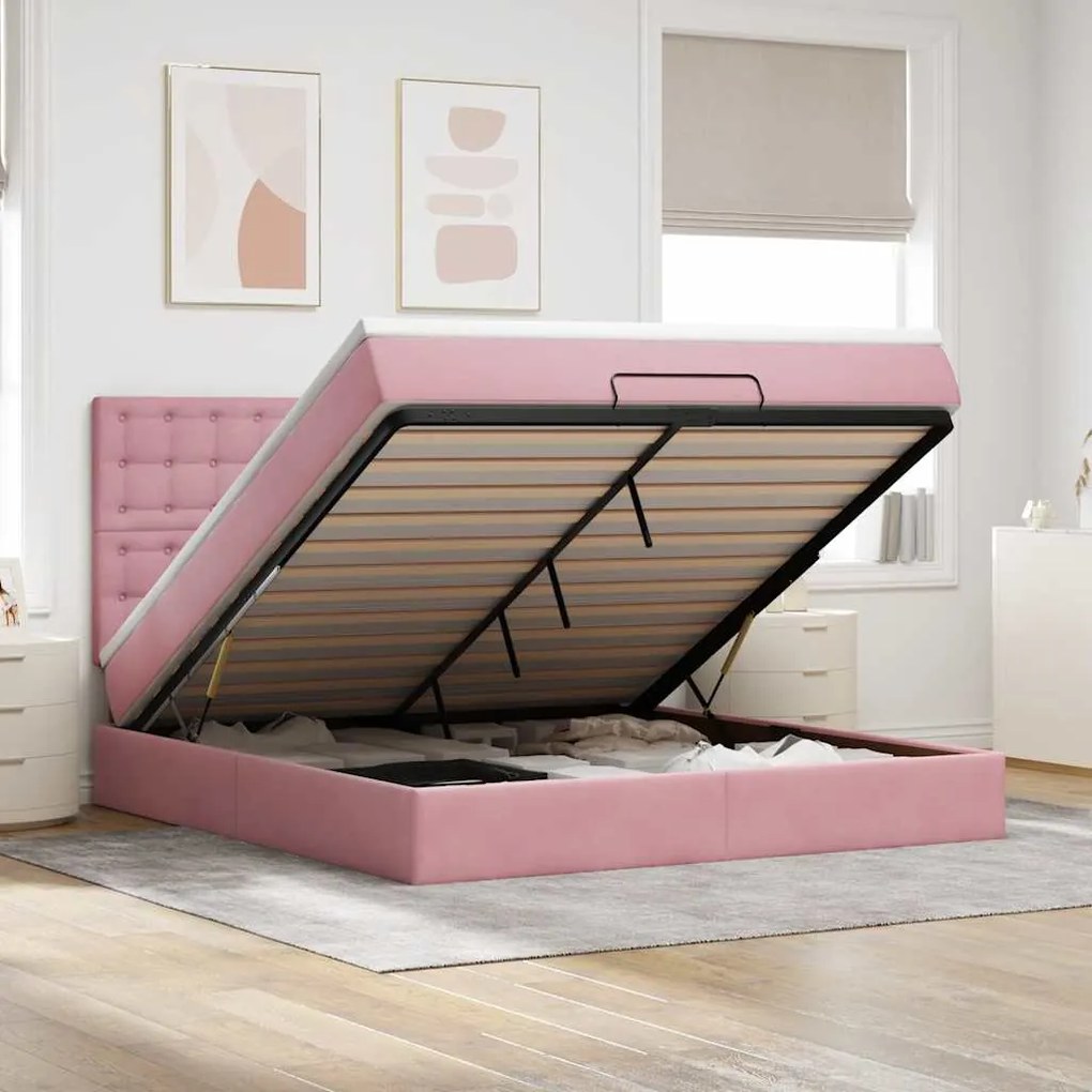 vidaXL Estrutura de cama otomana com colchões 180x200 cm veludo rosa