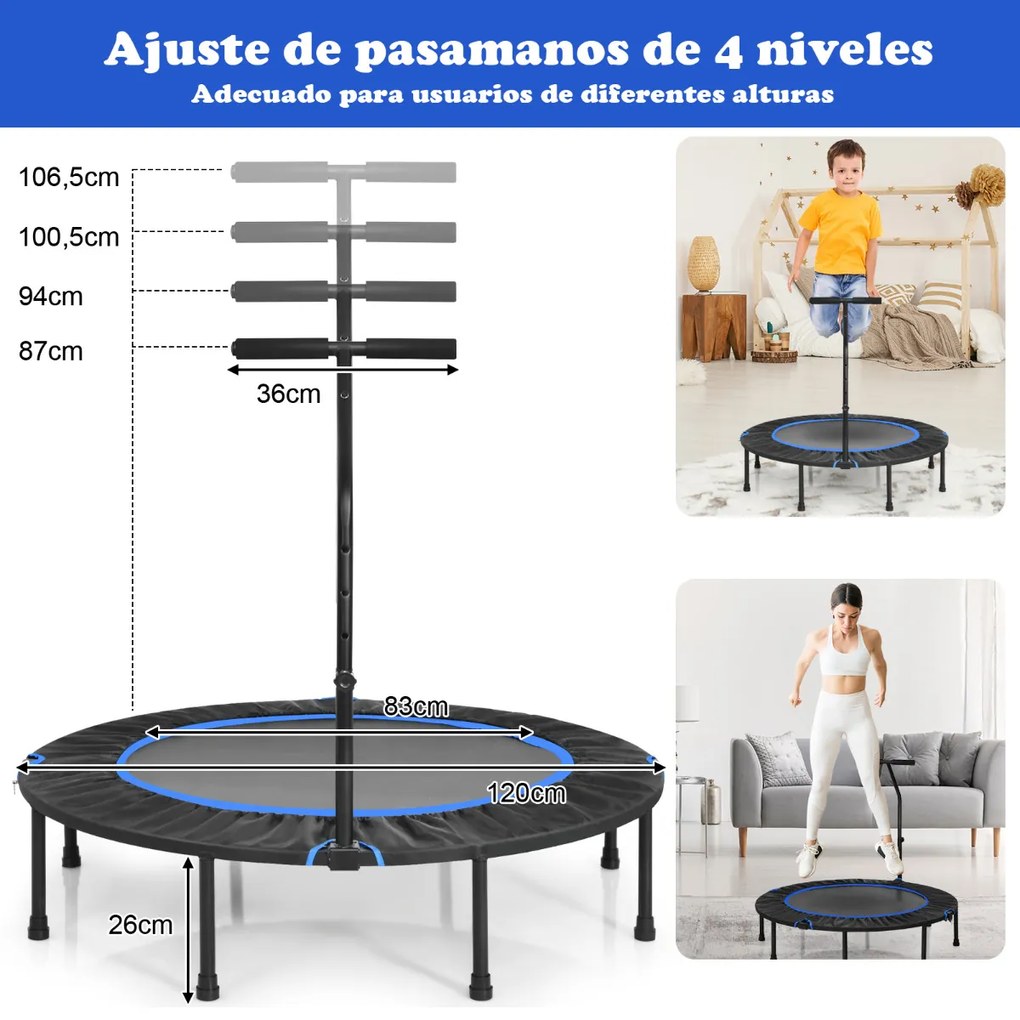 Trampolim Fitness dobrável com cabo ajustável e almofada de segurança para crianças azul e preto 120 cm