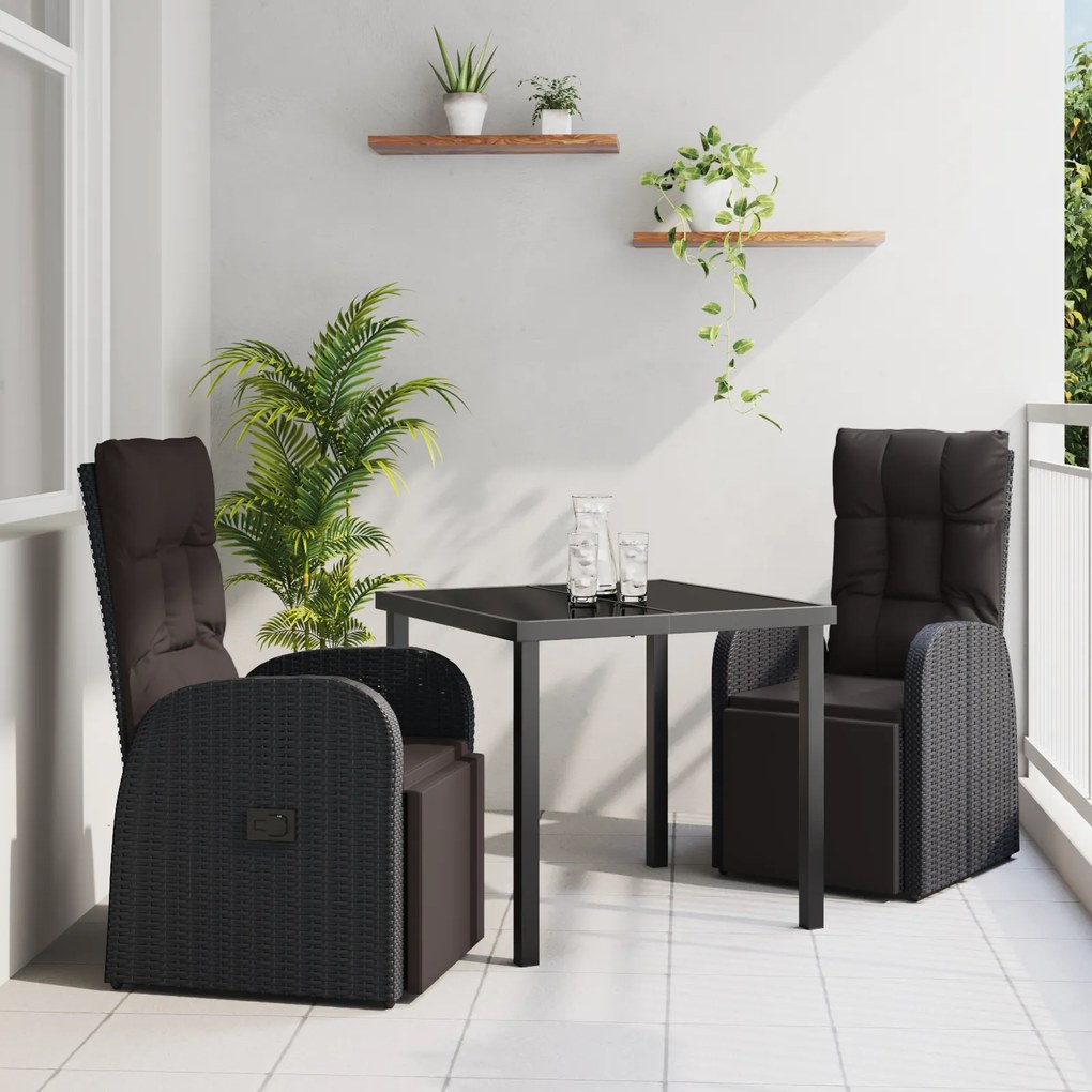vidaXL Conjunto de Jantar de Jardim de 3 Peças com Almofadas Rattan Poliéster Preto