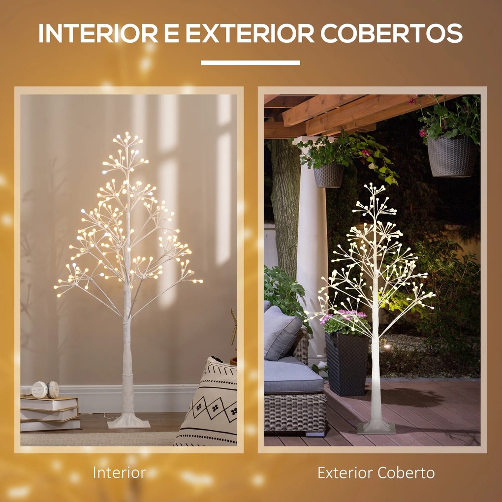 HOMCOM Árvore de Bétula Altura 120cm com 168 Luzes LED IP44 Branco Quente Ramos Flexíveis e Base de Candeeiro Árvore de Decoração de Natal para Festas Aniversários Casamentos 18x18x120cm Branco