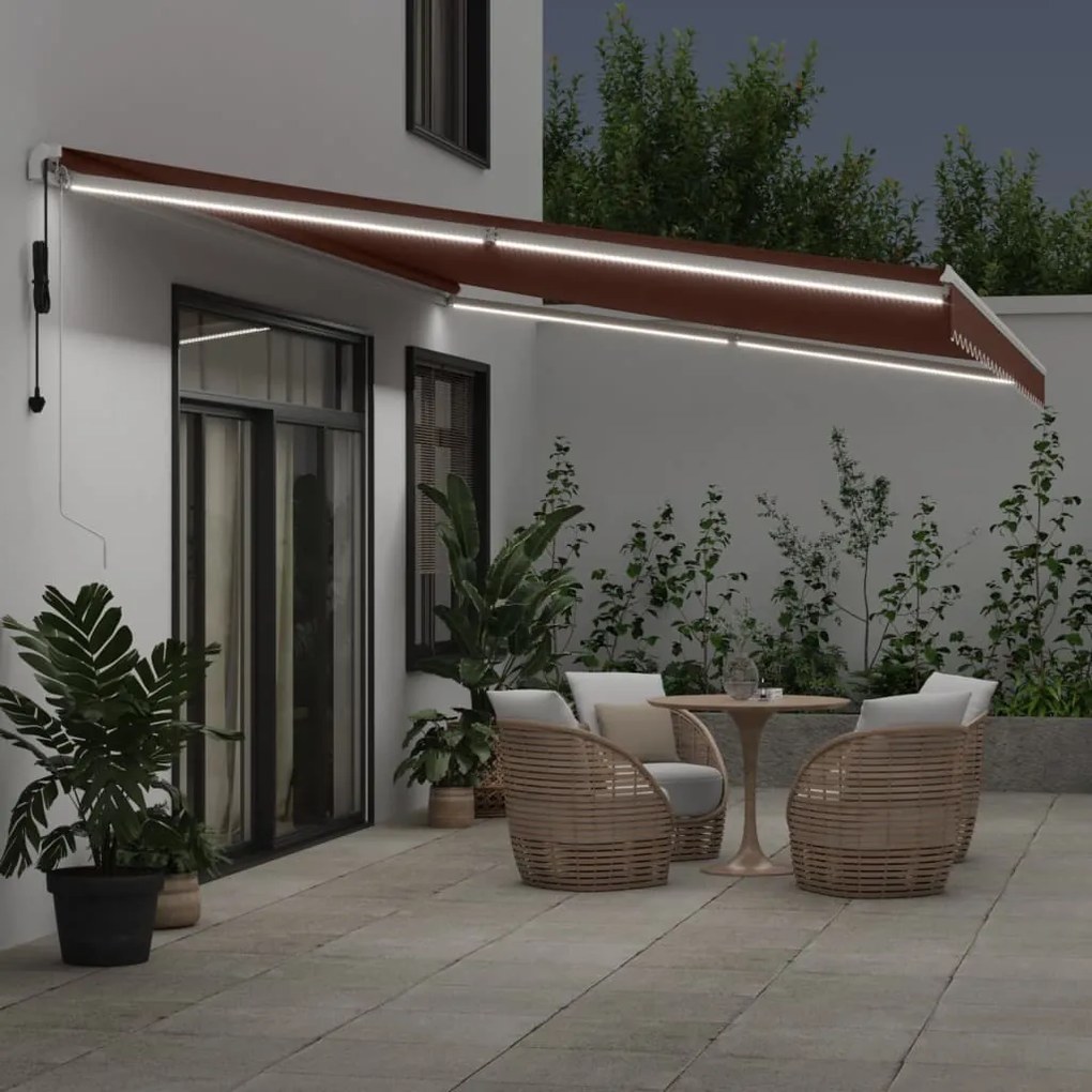 Toldo retrátil automático com luz LED 600x350 cm castanho