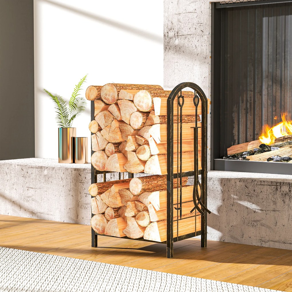 Porta-Lenha Metálico de 2 Níveis com 4 Ferramentas para Lareira e Ganchos 43x30x74 cm Castanho Escuro