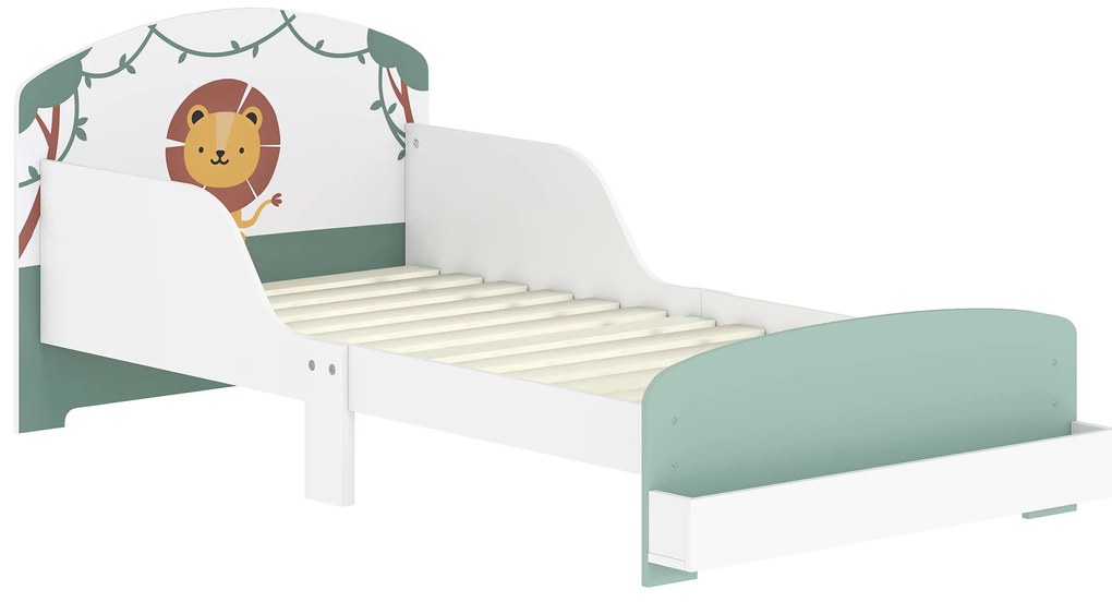 Cama Infantil para Crianças +3 Anos 70x140 cm em Madeira (Colchão não incluído) com Armazenamento e Desenho de Leão para Quarto Verde