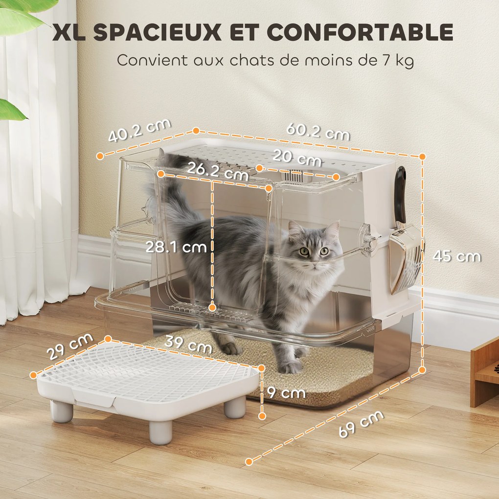 Caixa de areia XL em aço inoxidável para gatos de grande porte, tampa giratória a 100°, pá, 60,2 x 40,2 x 44,5 cm, cinzento claro