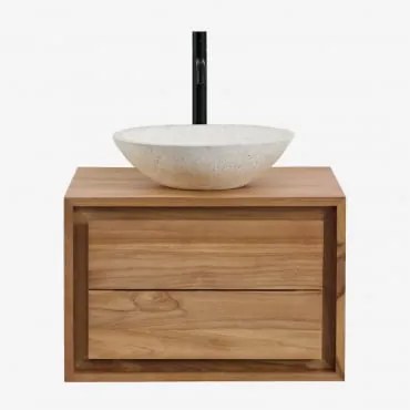 Conjunto De Móvel De Casa De Banho Em Madeira De Teca Jabari Madeira De Teca & Cimento Redondo Branco Ø40 Cm Zavion & Sem Espelho & Preto - Sklum