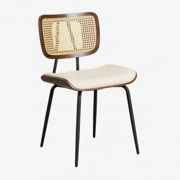 Cadeira De Jantar Em Madeira, Rattan E Pele Sintética Raysa Madeira Escura & Couro Sintético Branco - Sklum