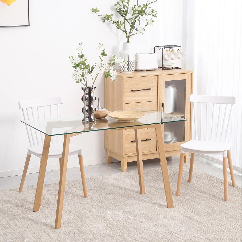 HOMCOM Mesa de Jantar para 4 Pessoas Mesa de Cozinha Moderna com Bancada de Vidro Temperado e Pés de Aço com Efeito de Madeira para Sala de Jantar 120x60x76cm Transparente e Madeira