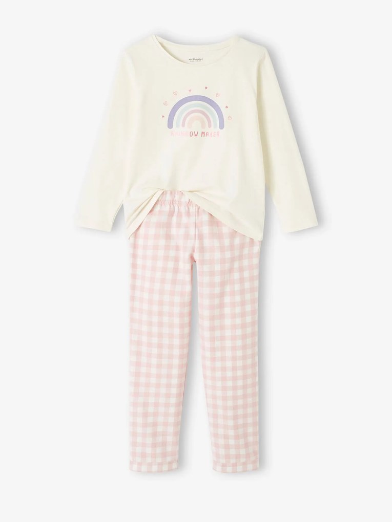 Pijama de menina com arco-íris, em malha jersey e flanela rosa