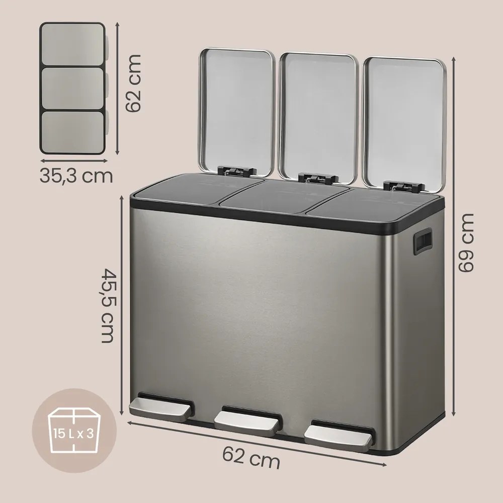 Caixote do lixo com 3 compartimentos, caixote do lixo de 3 x 15 L, 62 x 35,3 x 45,5 cm com pedal e tampa com fecho suave prateado