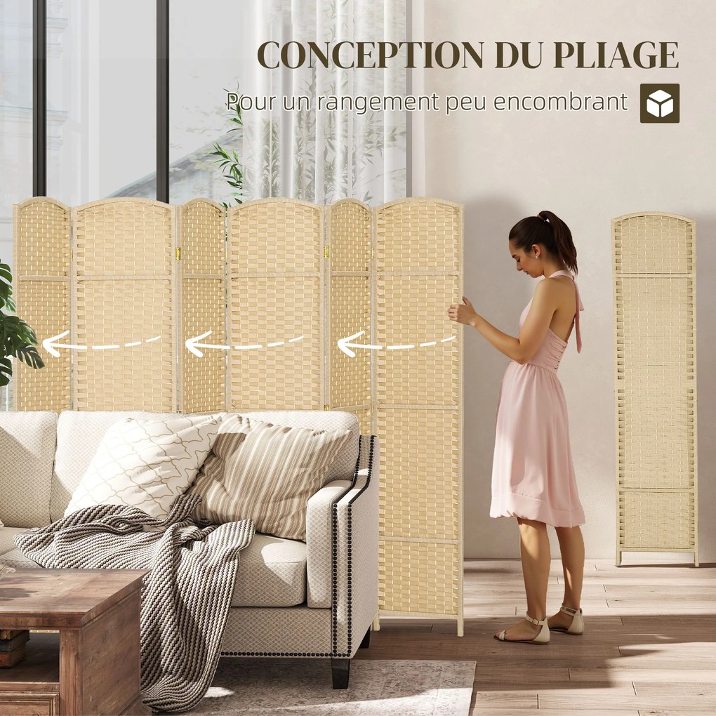 Biombo de interior em madeira com 6 painéis, 240 x 170 cm, divisória dobrável para sala de estar, quarto, acabamento natural