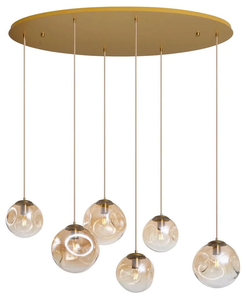 Candeeiro suspenso Art Deco latão com placa de teto oval e vidro âmbar 6 luzes - Douglass Art Deco