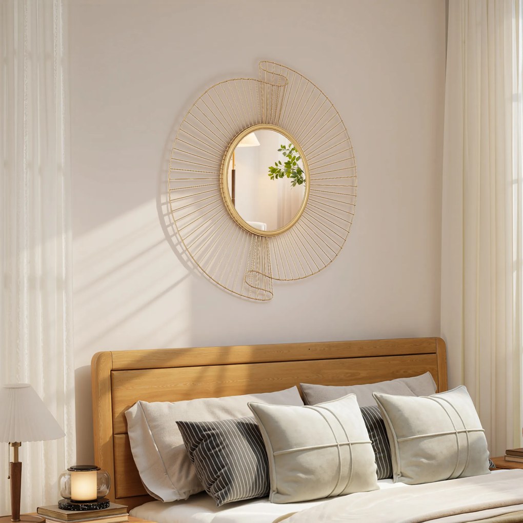 Espelho decorativo redondo de 60 cm com fixação de 360°, decoração de parede moderna em metal com detalhes plissados, dourado