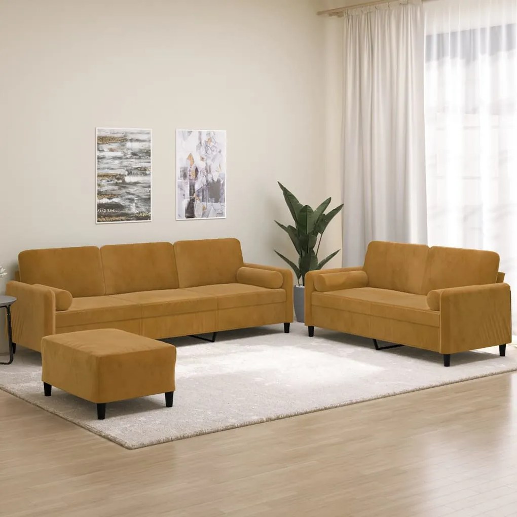 vidaXL 3 pcs conjunto sofás c/ almofadas/almofadões veludo castanho