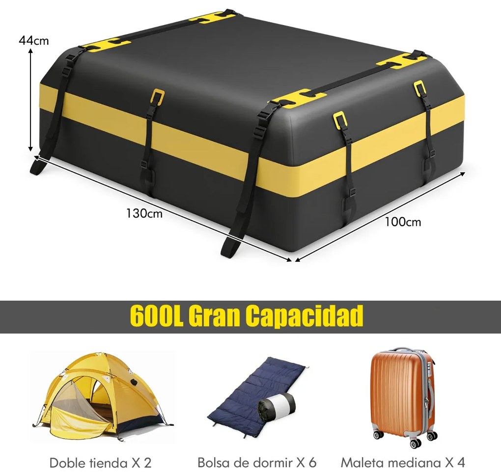 Mala 600L de carga para tejadilho do carro Saco de carga para tejadilho do carro à prova de água Saco de bagagem para carro com 10 correias Amarelo e