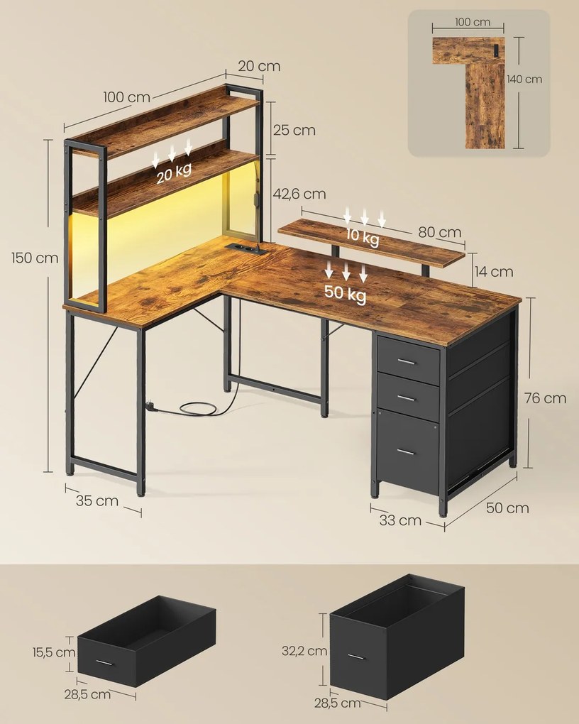 Secretária de canto em forma de L, castanho vintage e preto, 140 x 100 x 150 cm, com iluminação LED castanho vintage-preto