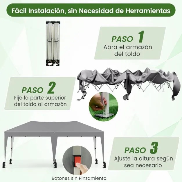 Tenda dobrável 590 x 305 x 266 cm exterior com estacas, cordas de fixação, sacos de areia e rodas para 6-8 pessoas festas, eventos, feiras Cinzenta