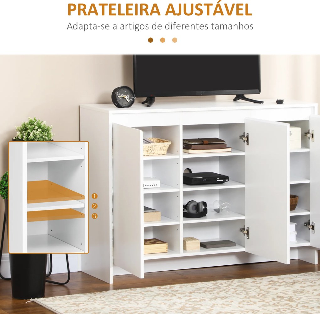 Móvel Aparador com 3 Portas Prateleiras Ajustáveis ​​e Suporte com Fecho Suave para Televisores 120x35x85 cm Branco