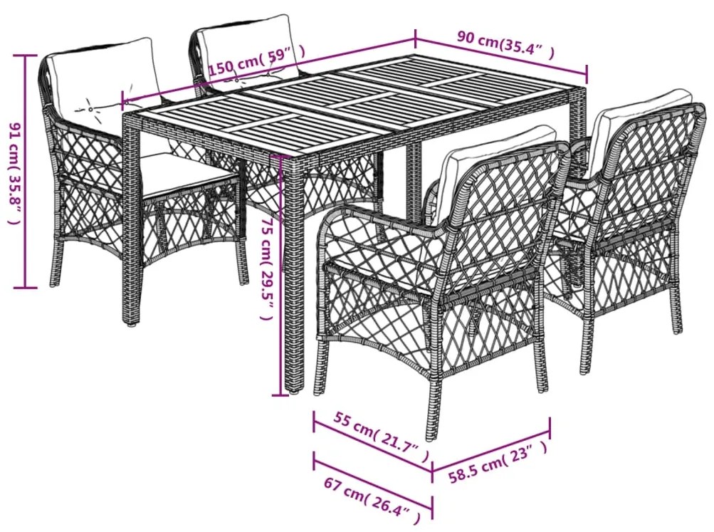 5 pcs conjunto de jantar p/ jardim c/ almofadões vime PE preto