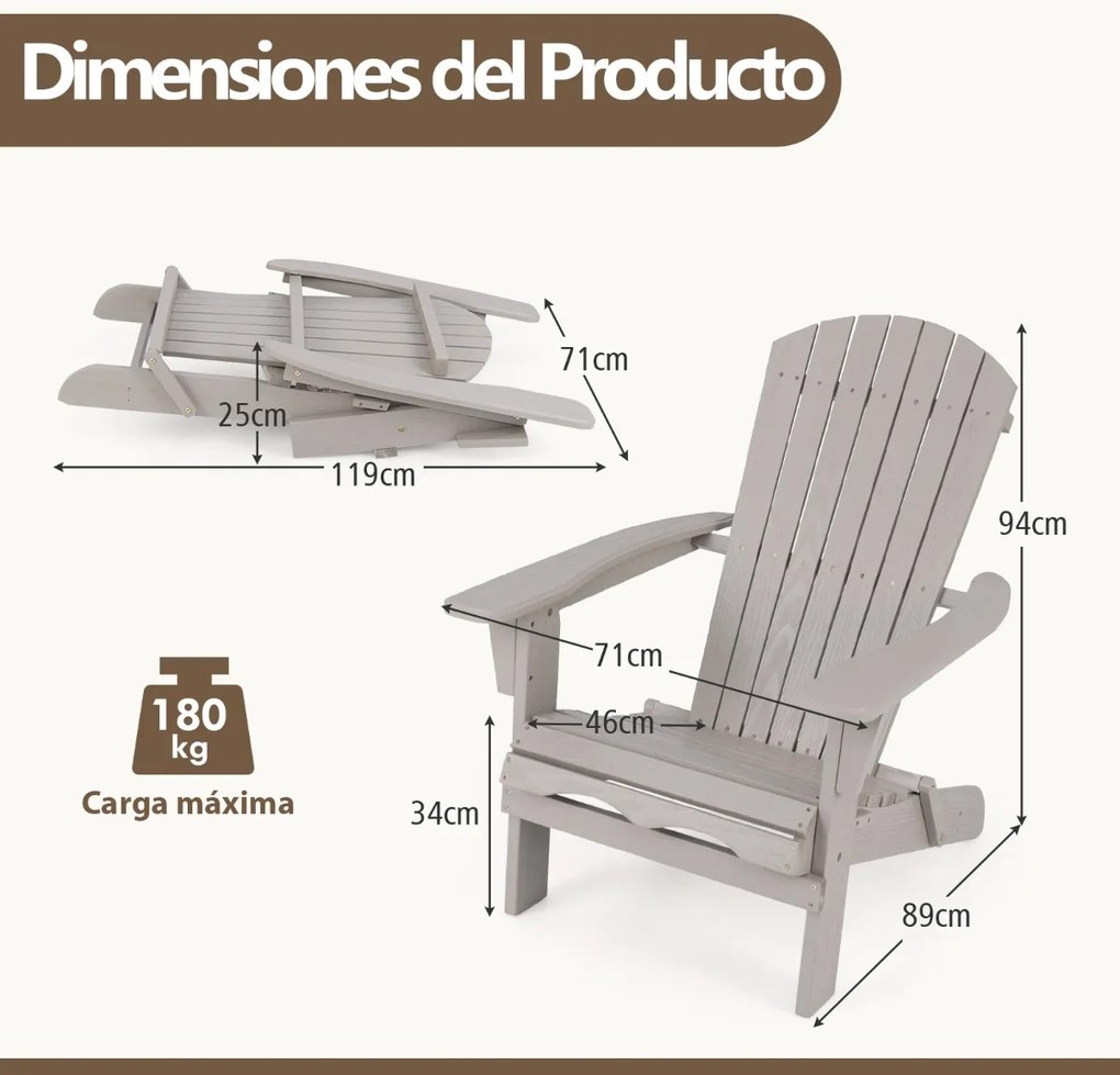 Conjunto de 2 cadeiras Jardim Adirondack dobráveis de madeira com encosto e apoio para os braços Cinzentas