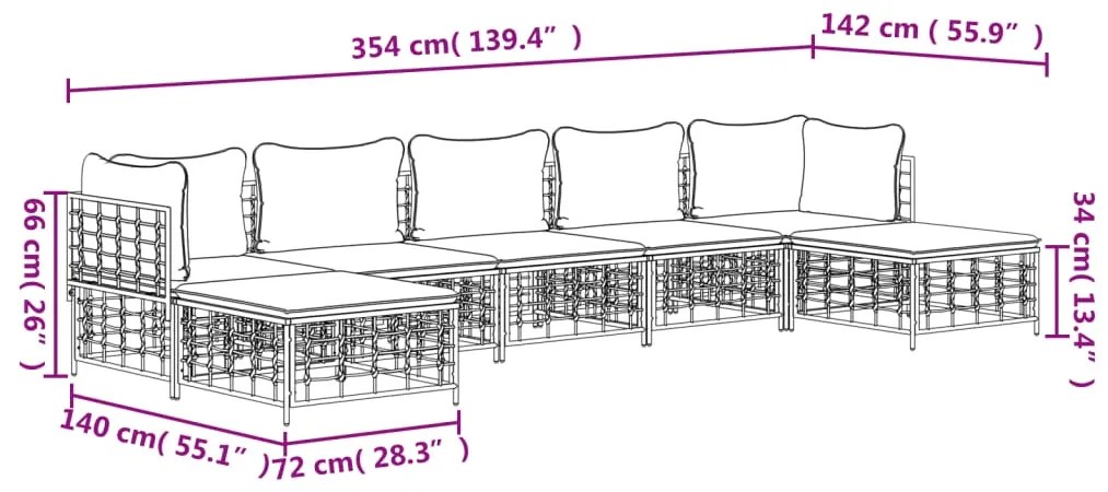 7 pcs conjunto lounge de jardim c/ almofadões vime PE antracite