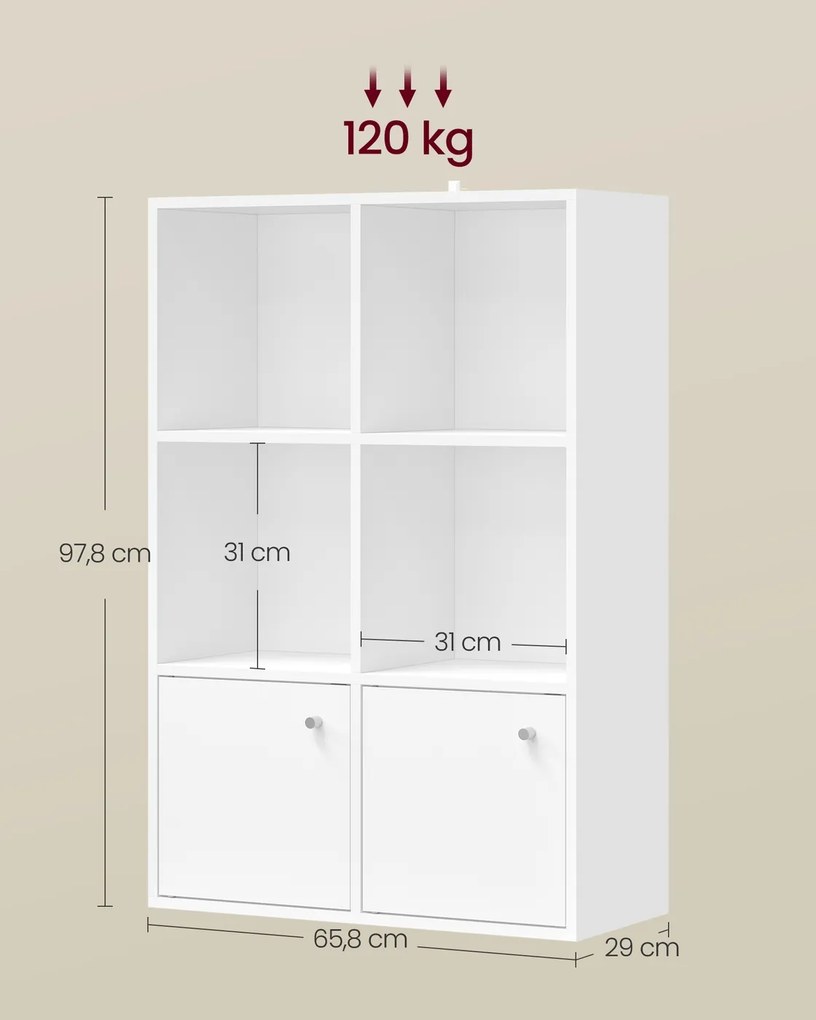 Estante aberta com 3 níveis e 2 compartimentos com portas, 29 × 65,8 × 97,8 cm, branca