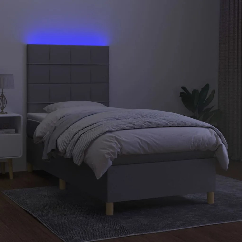 Cama box spring c/ colchão e LED 100x200 cm tecido cinza-claro