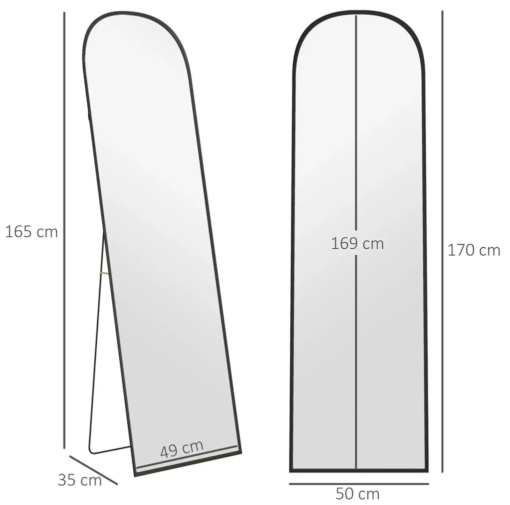 Espelho de Pé Espelho de Corpo Inteiro 50x170 cm com Estrutura de Liga de Alumínio e Suporte para Sala Quarto Preto