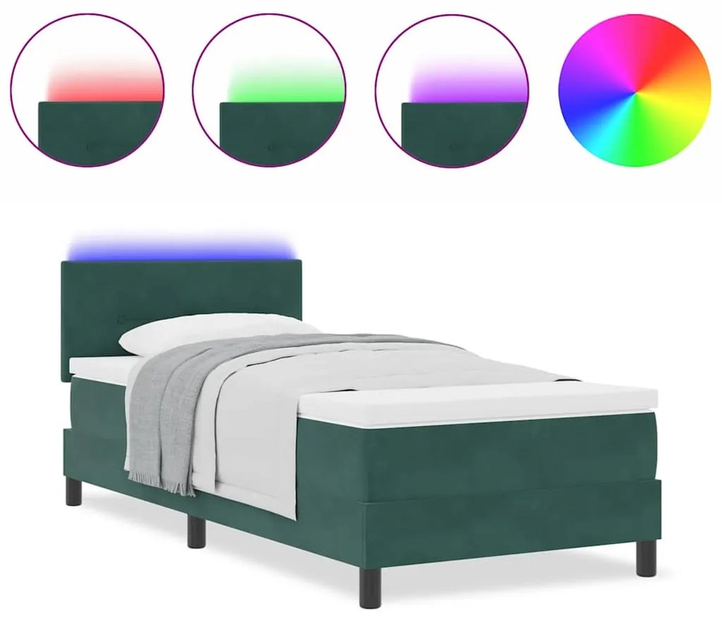 Cama Box Spring com Colchão e LED Verde Escuro 90x190 cm Veludo