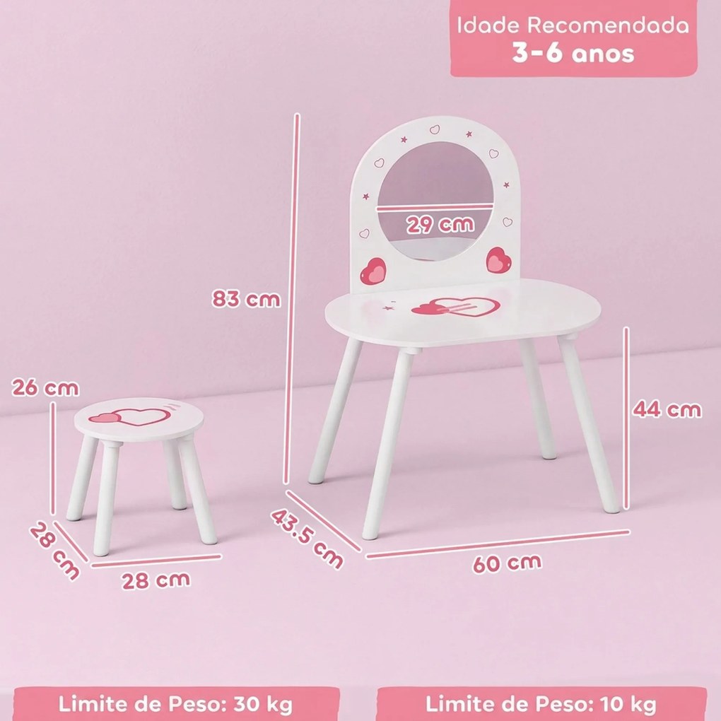 Toucador Infantil com Banco e Espelho para Meninas com Desenhos de Corações para Crianças de 3-6 Anos Branca