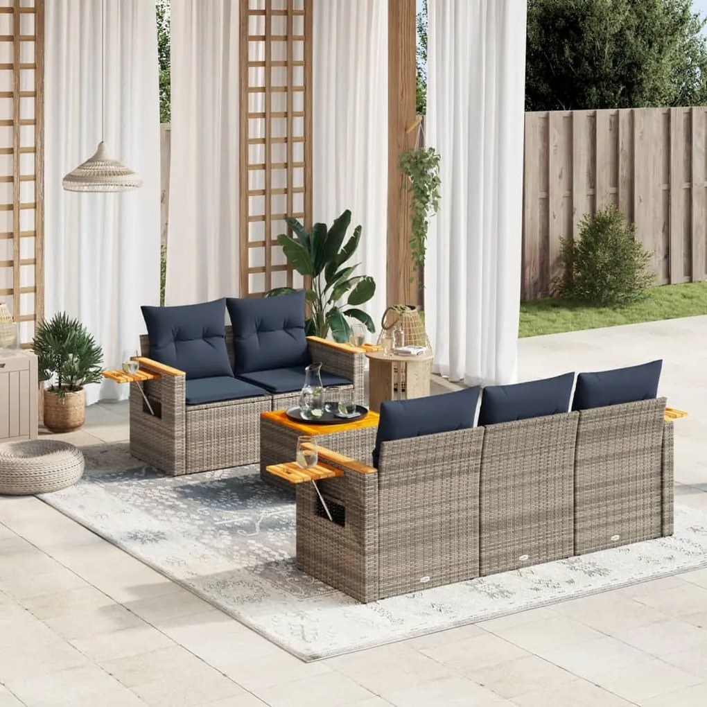 6 pcs conjunto sofás p/ jardim c/ almofadões vime PE cinzento