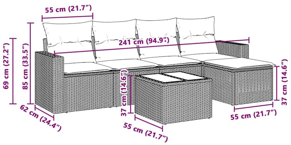 6 pcs conj. sofás jardim com almofadões vime PE cinzento-claro