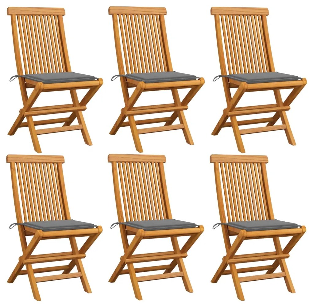 vidaXL Cadeiras de jardim c/ almofadões cinzentos 6 pcs teca maciça