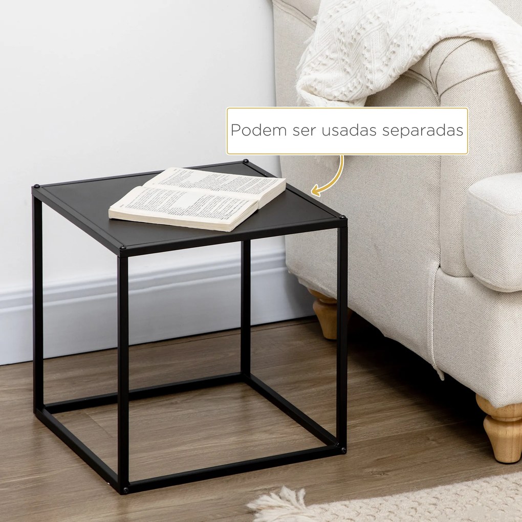 Conjunto de 2 Mesas Mesas de Centro Quadradas para Sala de Estar Estrutura de Aço Grande 40 cm Pequena 35 cm Branco
