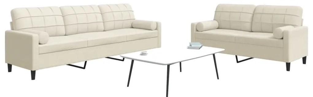 2 pcs conjunto de sofás com almofadões e rolos veludo creme