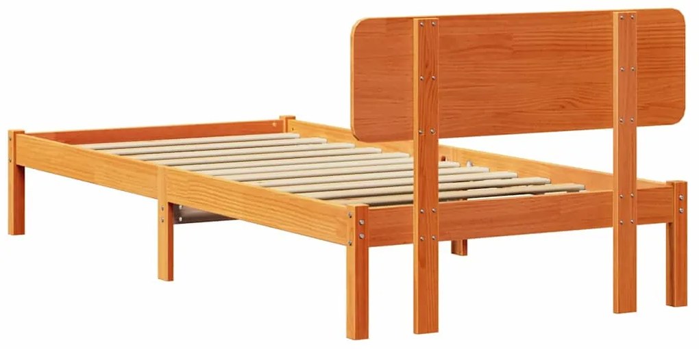 Cama com cabeceira em tom de madeira 75x190 cm, feita de pinho sólido