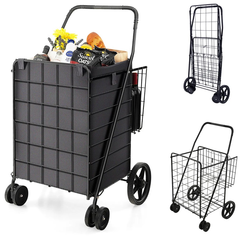 Carrinho de compras com forro oxford 120 l metal carrinho portátil dobrável duplo para carga de lavandaria de supermercado 40 kg 61 x 60 x 102 cm pret