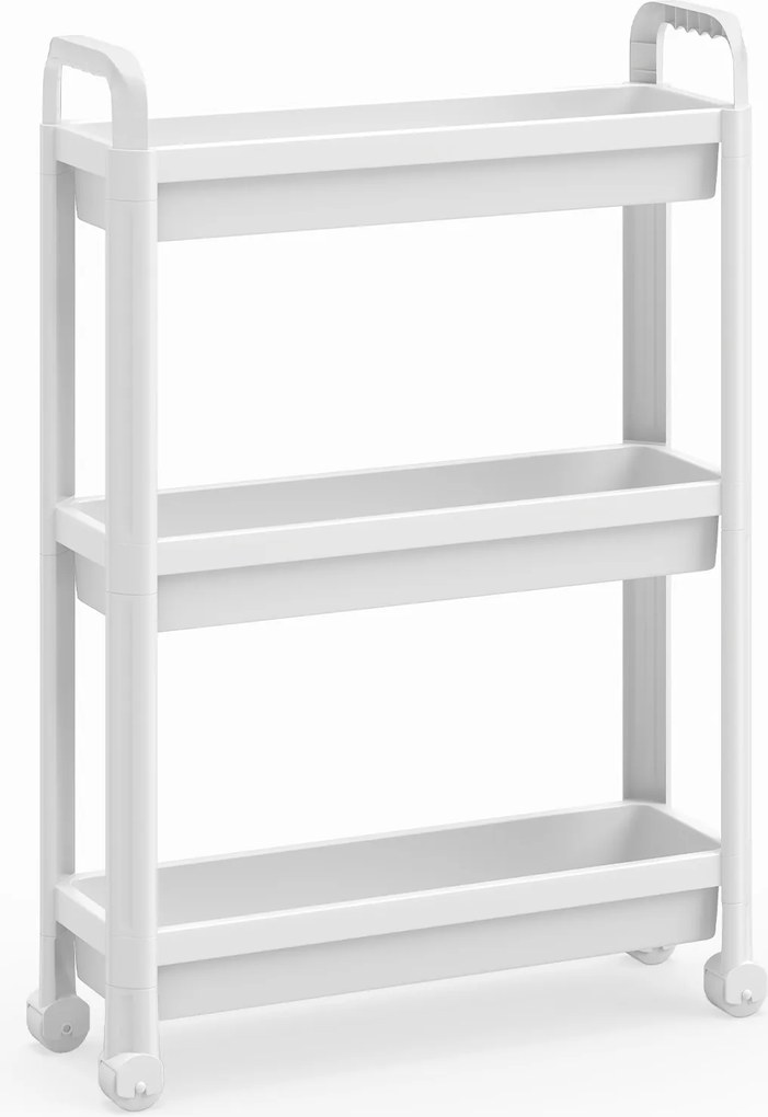 Carrinho estreito de 3 níveis com rodas e pegas54×18,5×76 cm Organizador móvel para cozinha, casa de banho, lavandaria e escritório Branco