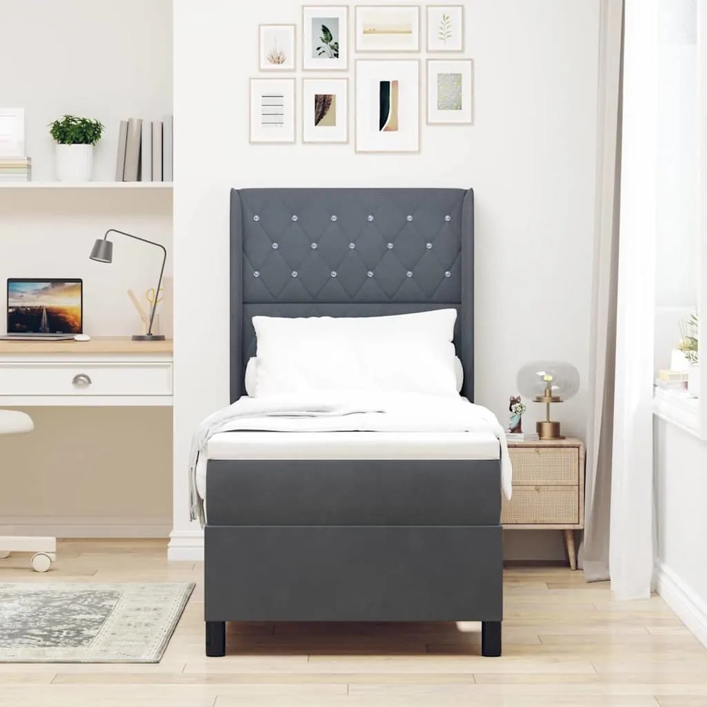 Cama Box com Colchão &amp; LED Cinza Escuro 80x200 cm Veludo