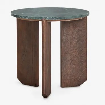 Round Coffee Table In Natural Stone And Mango Wood Lavinia Mármore Verde Udaipur & Madeira De Cabo Escuro & Ø50 Cm - Sklum