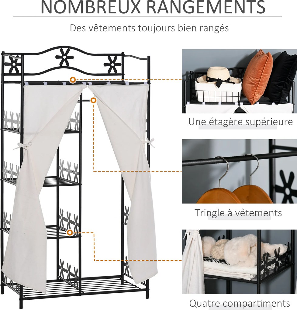 Guarda Roupa para adultos, roupeiro, guarda-roupa, vestidor, com várias opções de arrumação, 5 prateleiras, 84 x 42 x 159 cm, metal preto, 2 cortinas