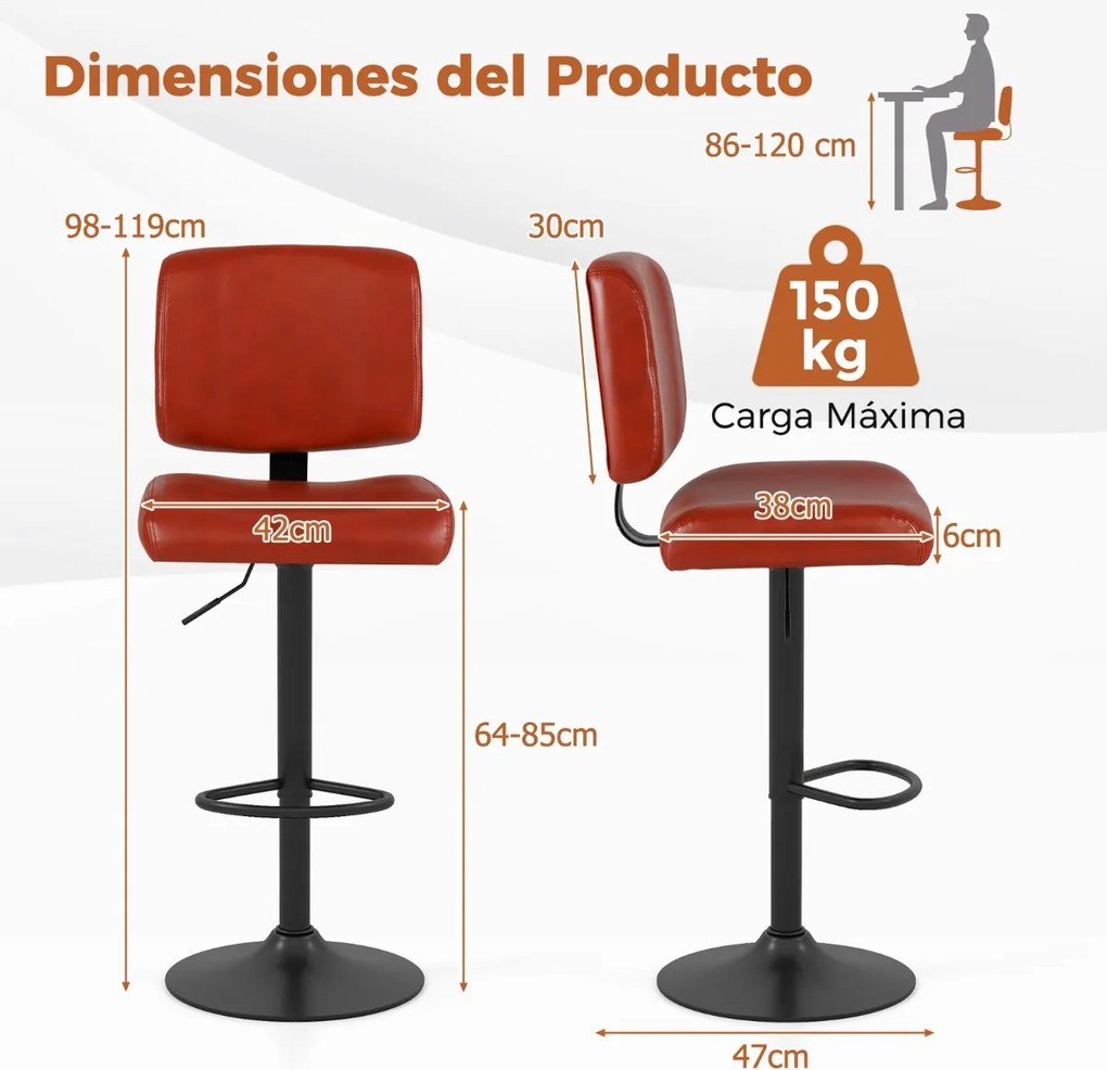 Conjunto de 2 bancos giratórios de bar com altura ajustável, assento em PU acolchoado e apoio para os pés para sala de jantar, ilha de cozinha ou pub,