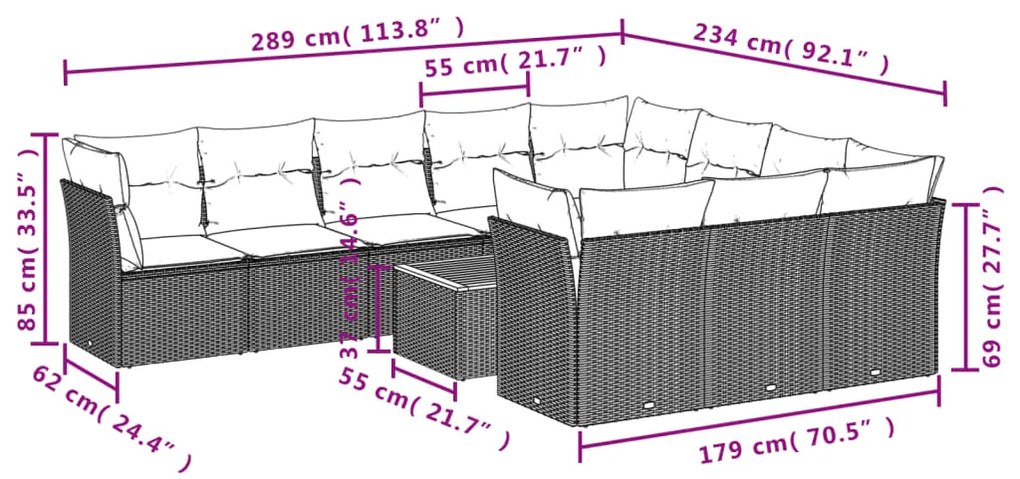 11 pcs conjunto sofás de jardim c/ almofadões vime PE cinzento